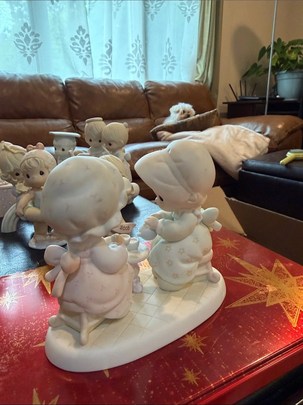 Precious Moments Bisque Figurine Tea Party in Cream and Pastel Pink